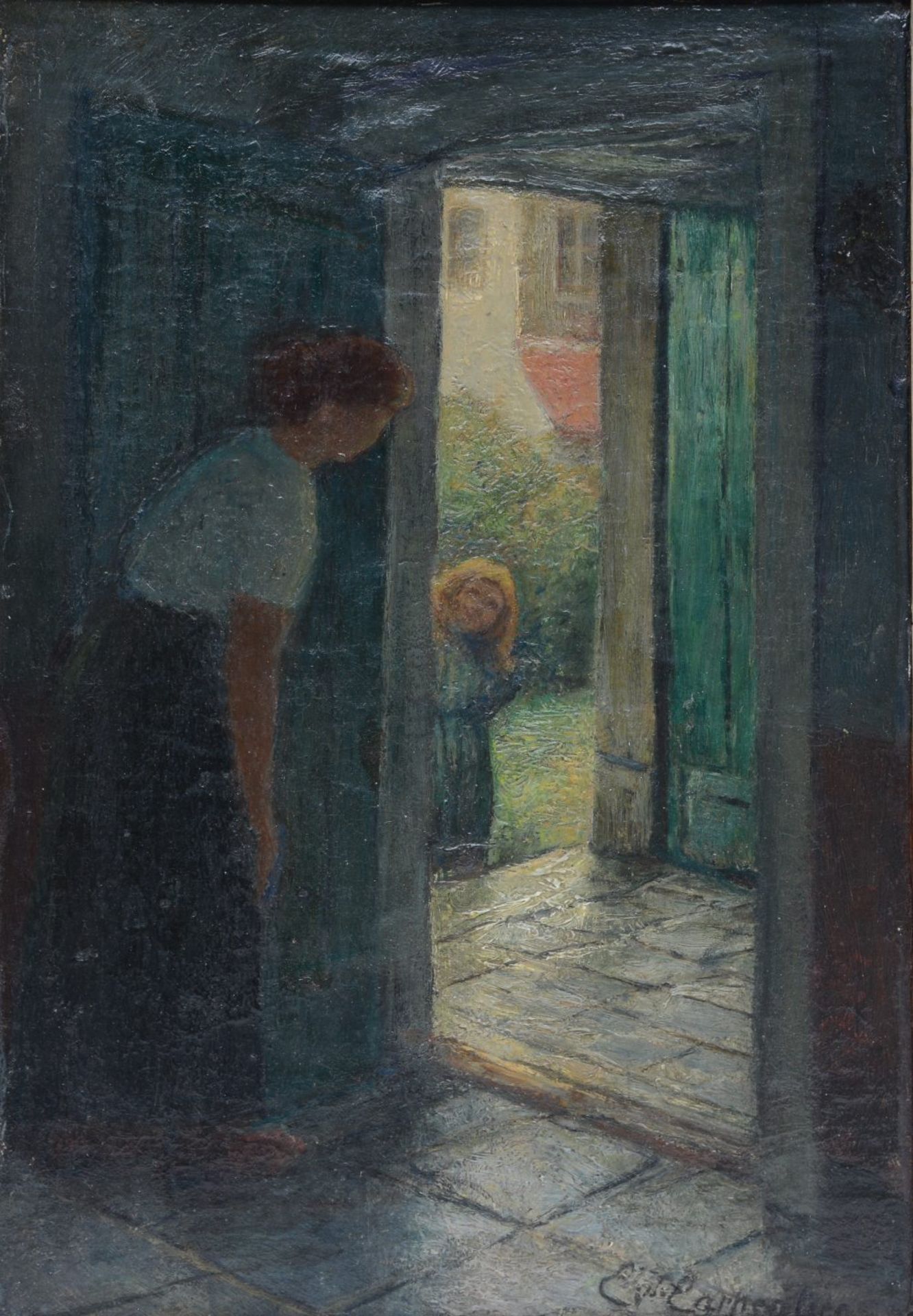 Carpentier E., 'Le retour de l'enfant' (1905), oil on canvas on board, 23 x 34 cm