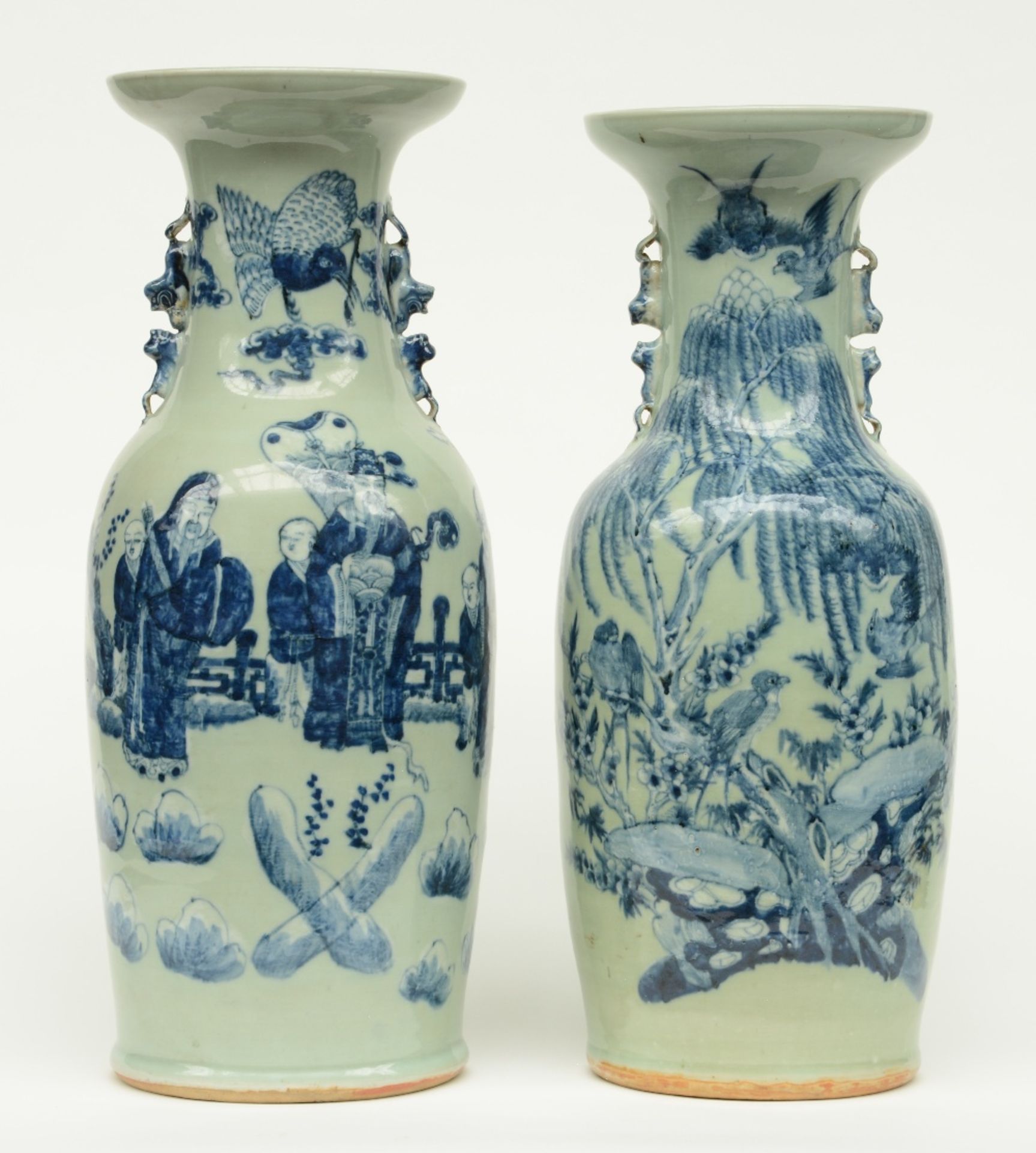 Two Chinese celadon-ground blue and white vase, one vase decorated with birds on flower branches and