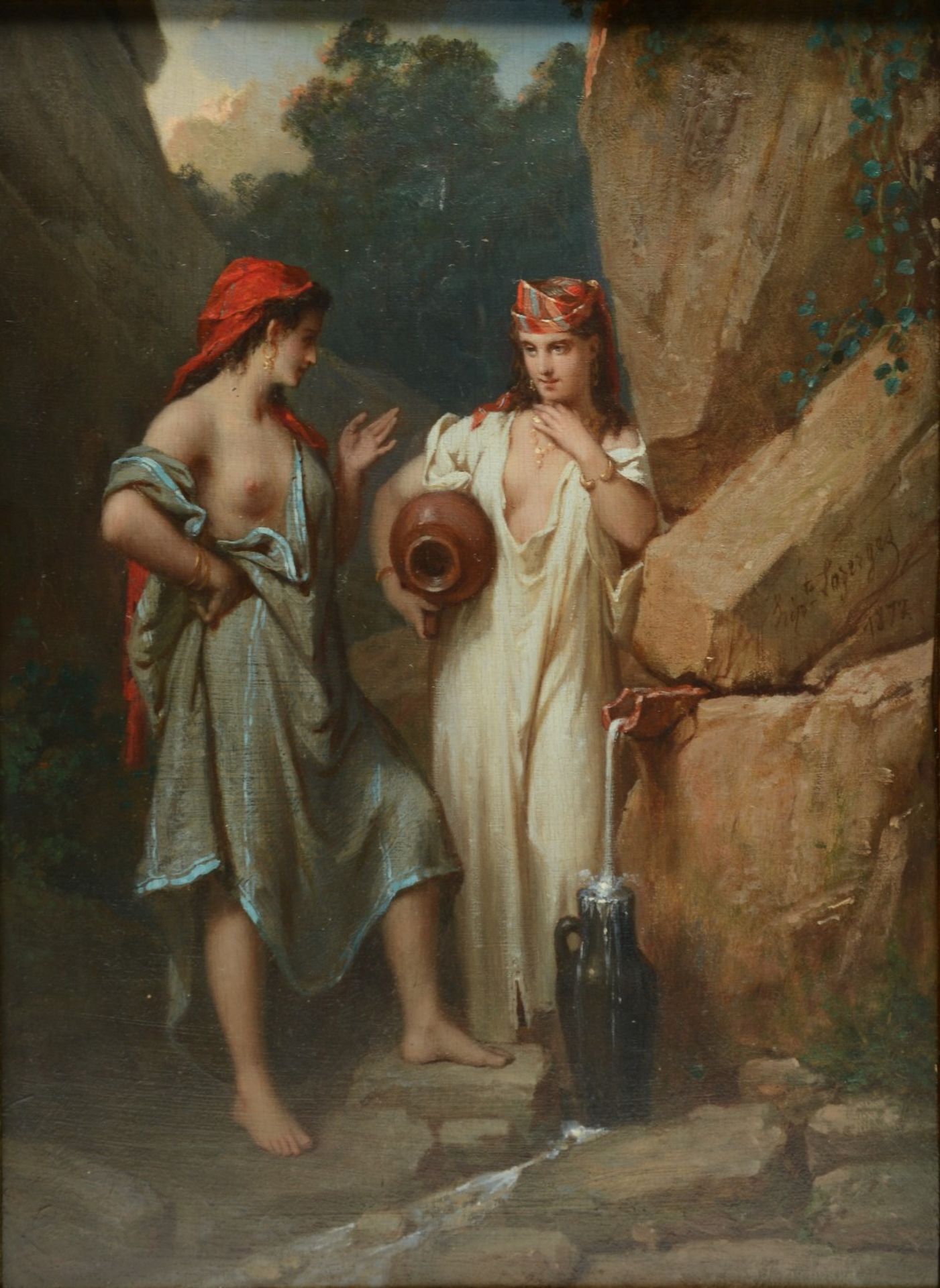 Lazerges H., at the well, oil on canvas on panel, dated 1877, 24 x 34,5 cm