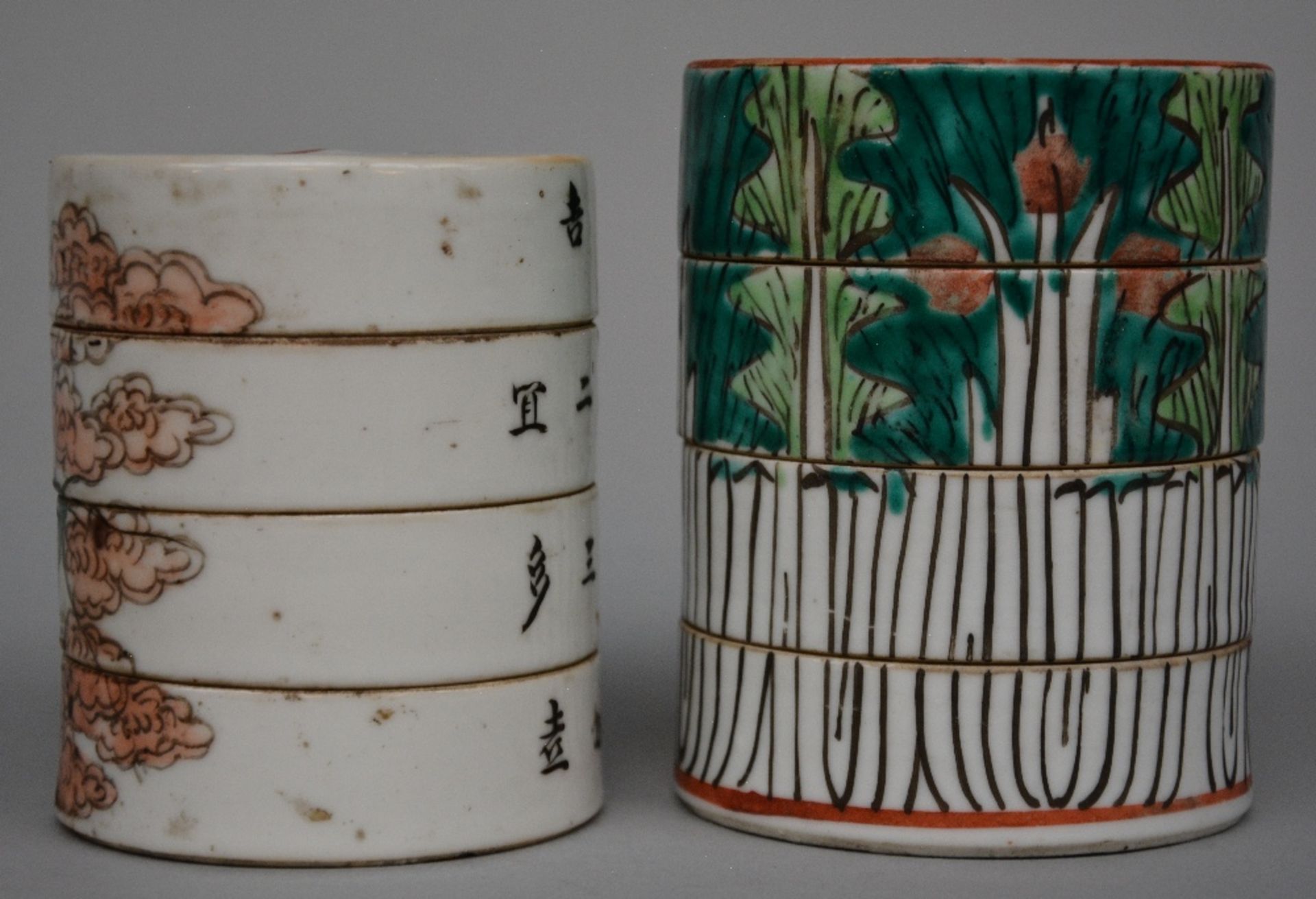 Five Chinese polychrome decorated pots with cover depicting figures, flowers and birds, ca. 1900, - Image 5 of 7