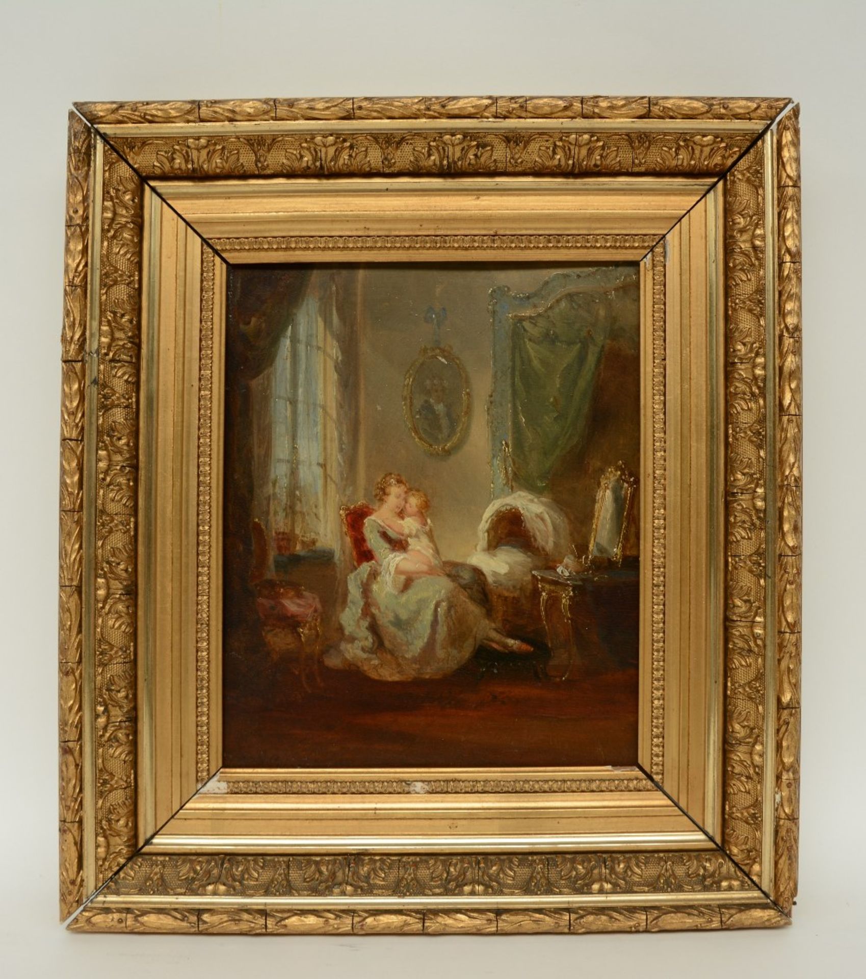 Schaeffels H., mother and child in a Rococo style interior, oil on panel, 20 x 24,5 cm - Image 2 of 4