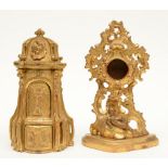 A gilt limewood mini tabernacle, Low Countries, mid-18thC; added a ditto Rococo period watch