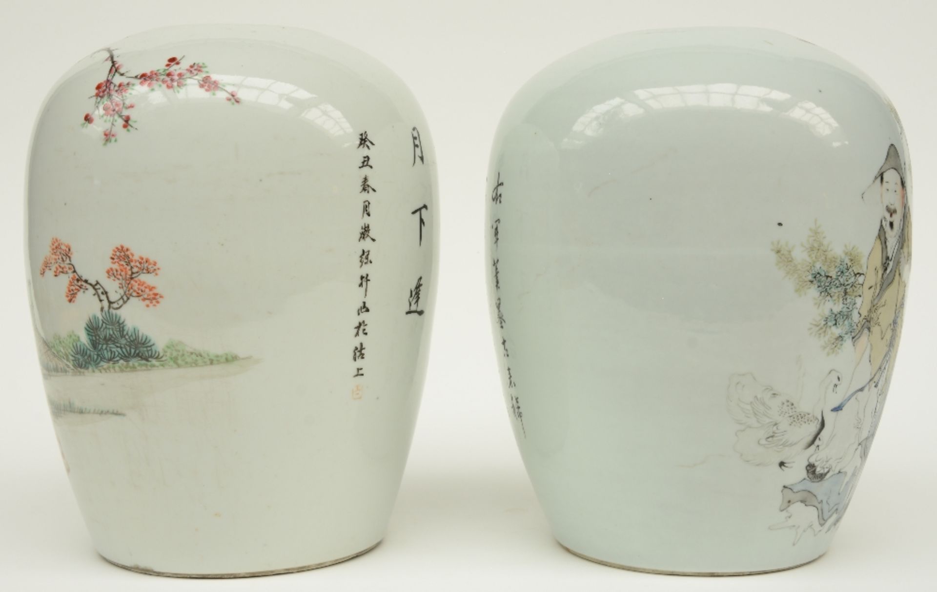 Two Chinese ginger jars, polychrome decorated with figures in a landscape, marked and signed, H 28,5 - Image 4 of 7