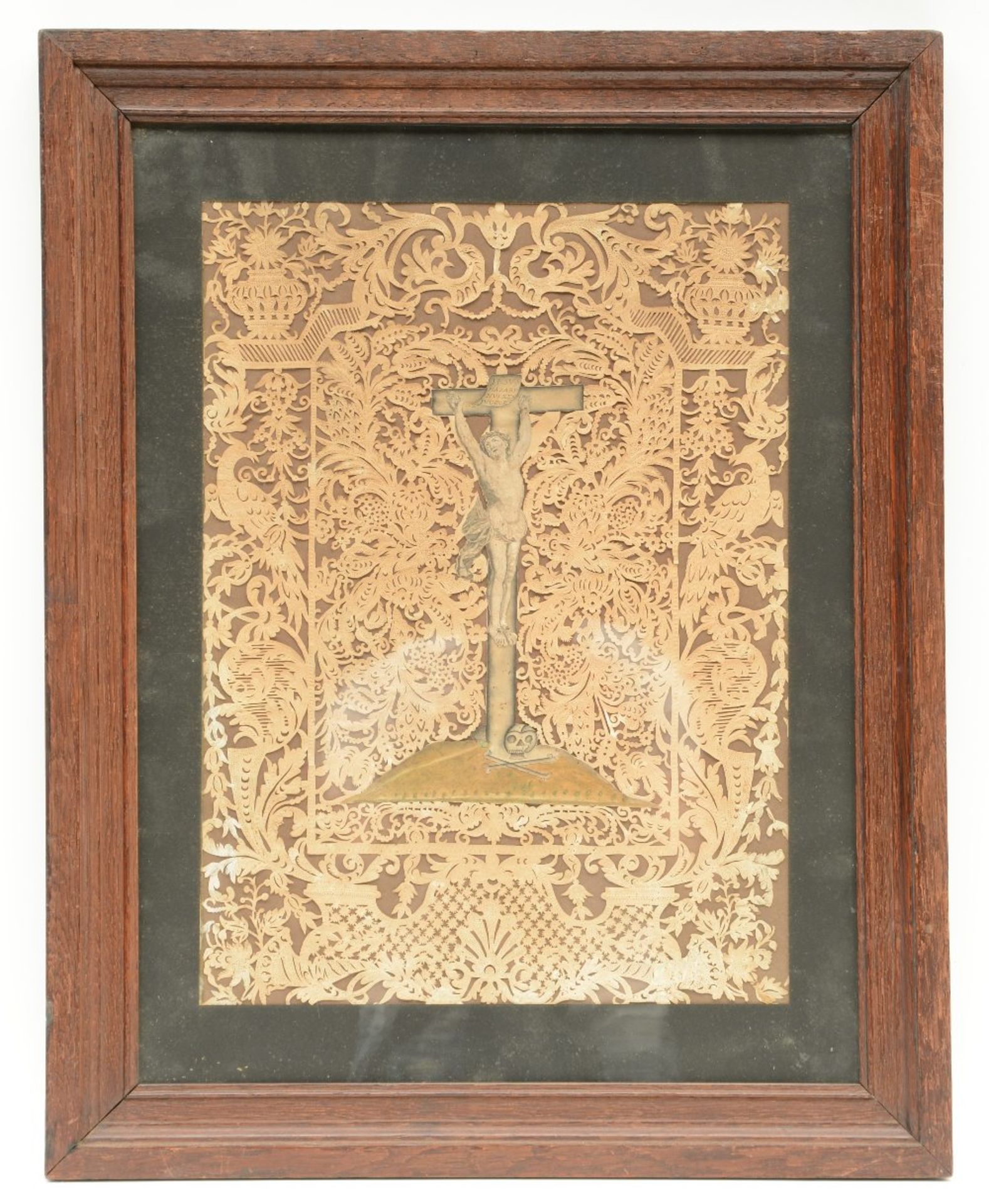 An 18thC papercut art devotional image, 42 x 55cm - Image 2 of 3