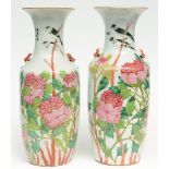 Two Chinese famille rose vases decorated with birds on flower branches, H 57-57,5 cm