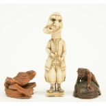 Two Japanese wooden katabori netsuke depicting kappa, Edo-period, both signed; added an ivory