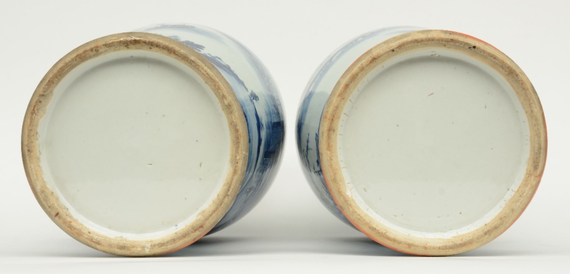 A pair of Chinese blue and white baluster shaped vases with cover, overall decorated with a river - Image 6 of 9