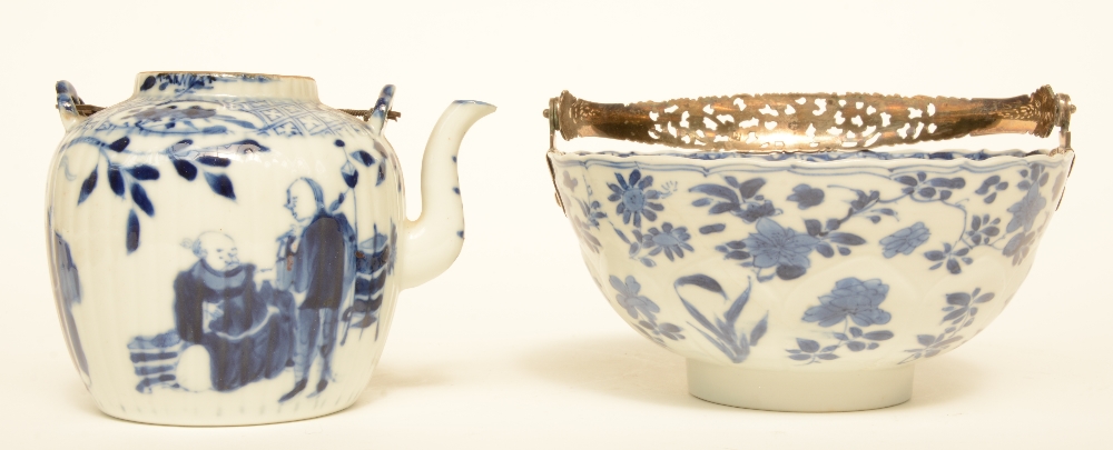 Four Chinese blue and white cups and saucers, and a dito tea pot, 18thC/19thC; added a ditto bowl, - Image 7 of 9