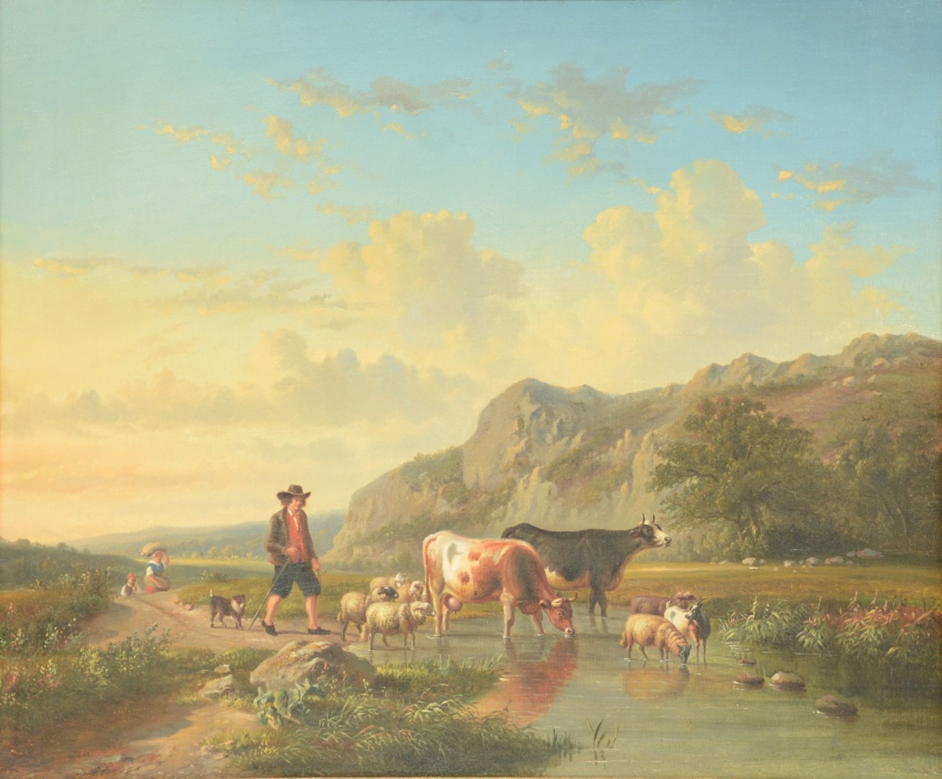 Verboeckhoven E., a shepherd with his cattle near a wed, oil on canvas, 51 x 63 cm