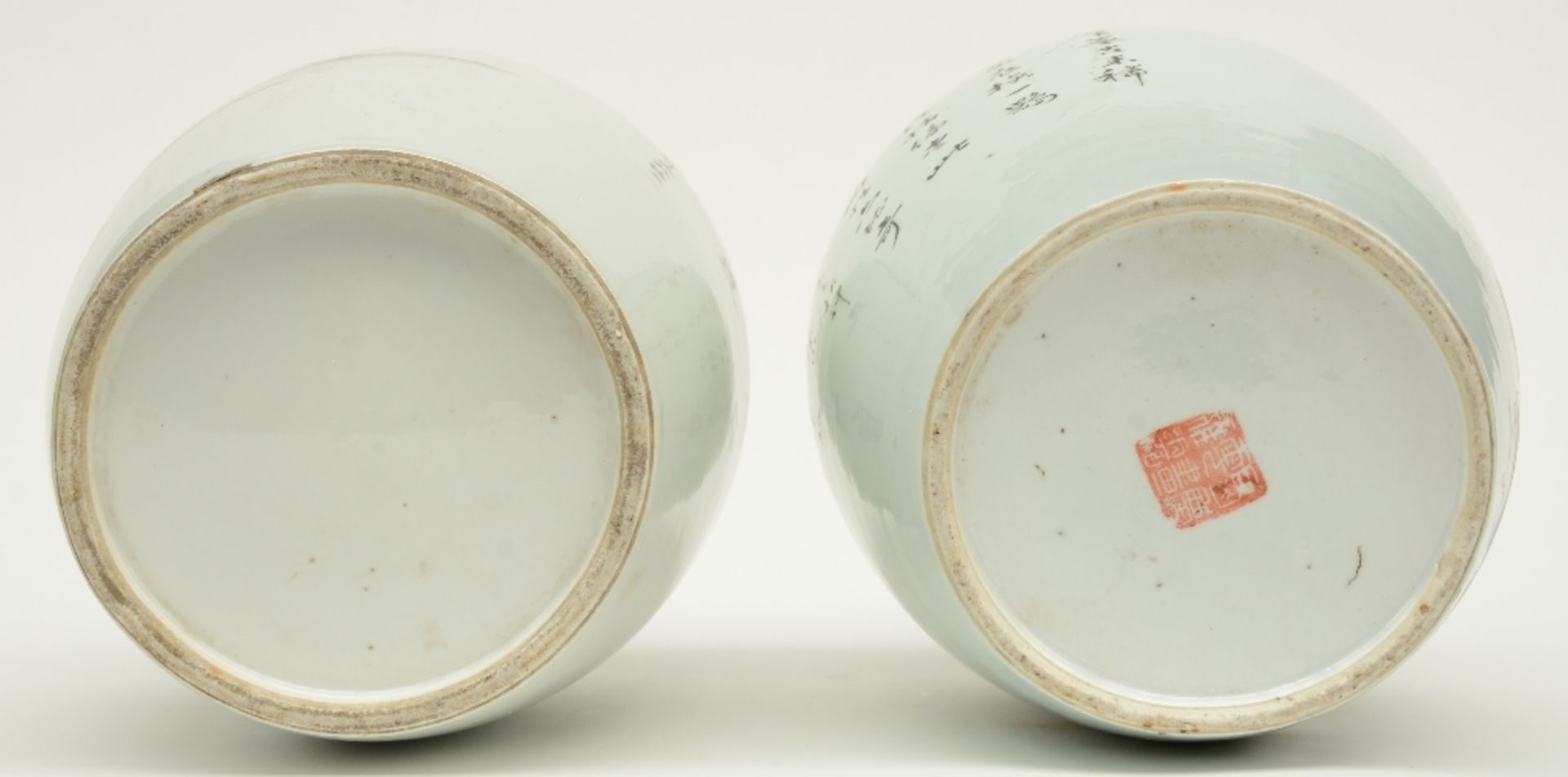 Two Chinese ginger jars, polychrome decorated with figures in a landscape, marked and signed, H 28,5 - Image 6 of 7