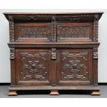 A 17thC renaissance style Flemish oak cupboard, H 139,5 - W 164 - D 67cm