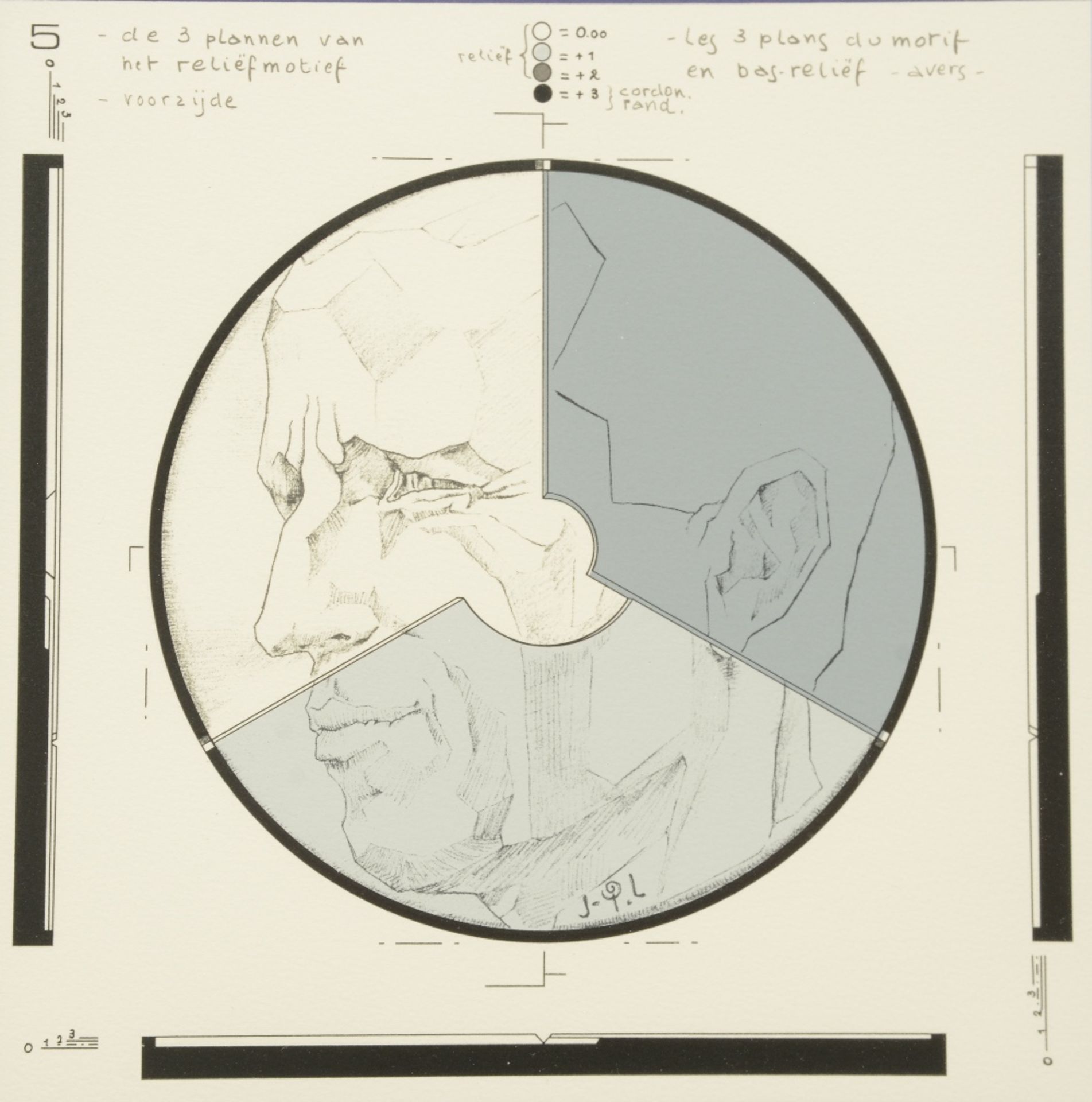 Laenen J.P., a silkscreen print depicting the evolution in the design of the formal Belgian five - Image 5 of 6