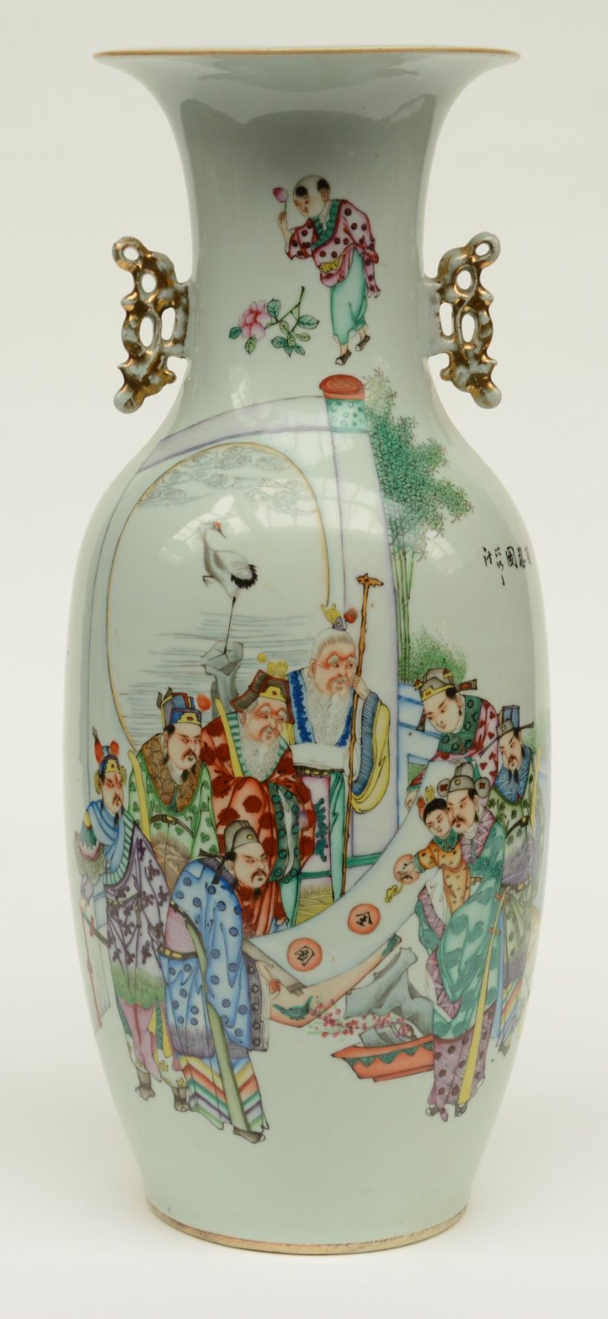 A Chinese polychrome decorated vase, painted on one side with the Eight Immortals and on the other