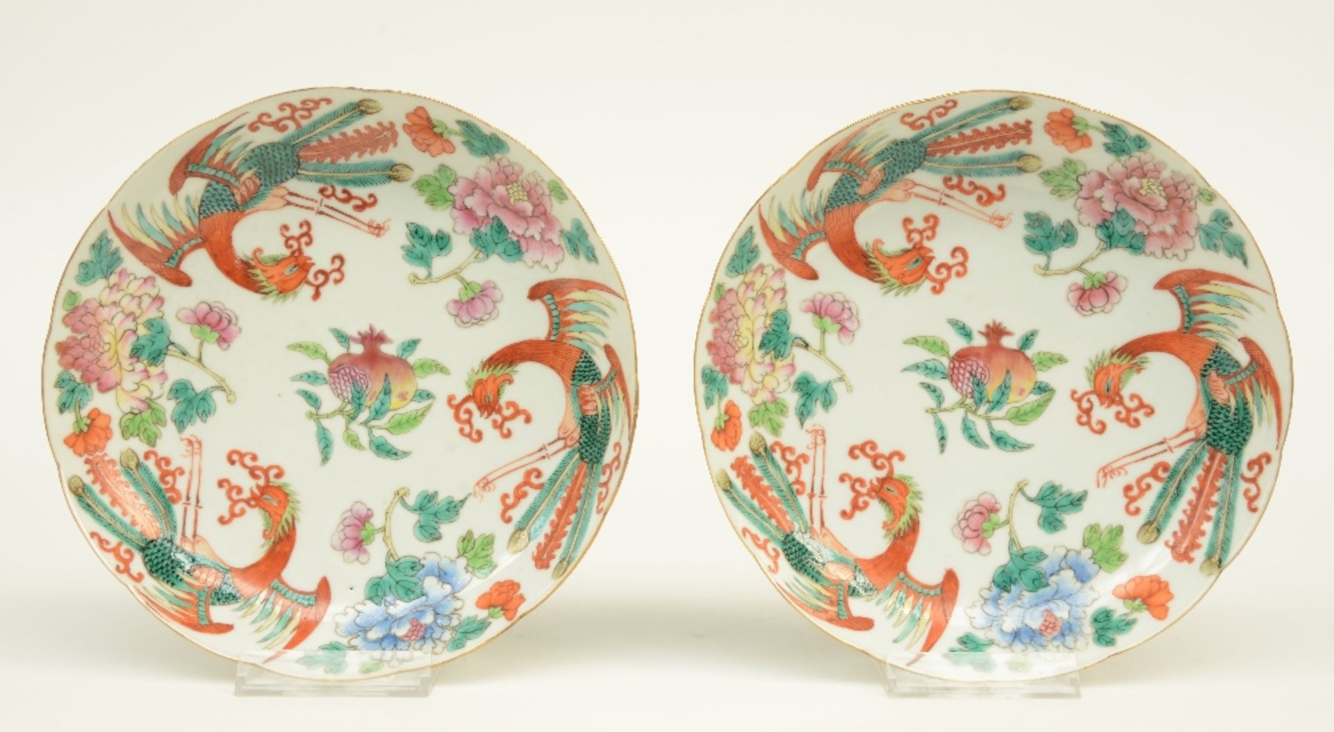 A Chinese bowl, plate and two dishes, famille rose and polychrome decorated, some marked, 19th- - Image 6 of 9