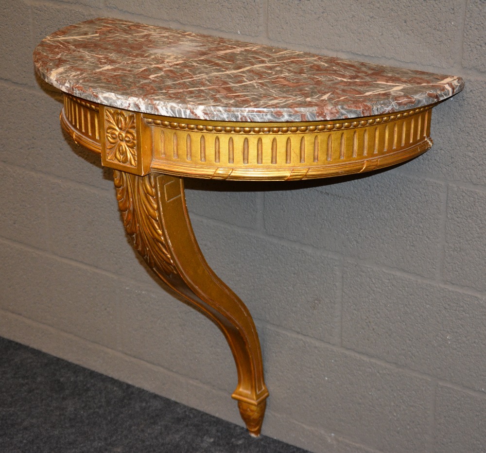 A gilt wooden demi-lune LXVI style console table with 'rouge royal' top, H 86 - W 82 - D 44 cm - Image 3 of 7