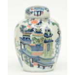 A Chinese polychrome ginger jar, decorated with flowers and antiquities, marked Kangxi, 19thC, H
