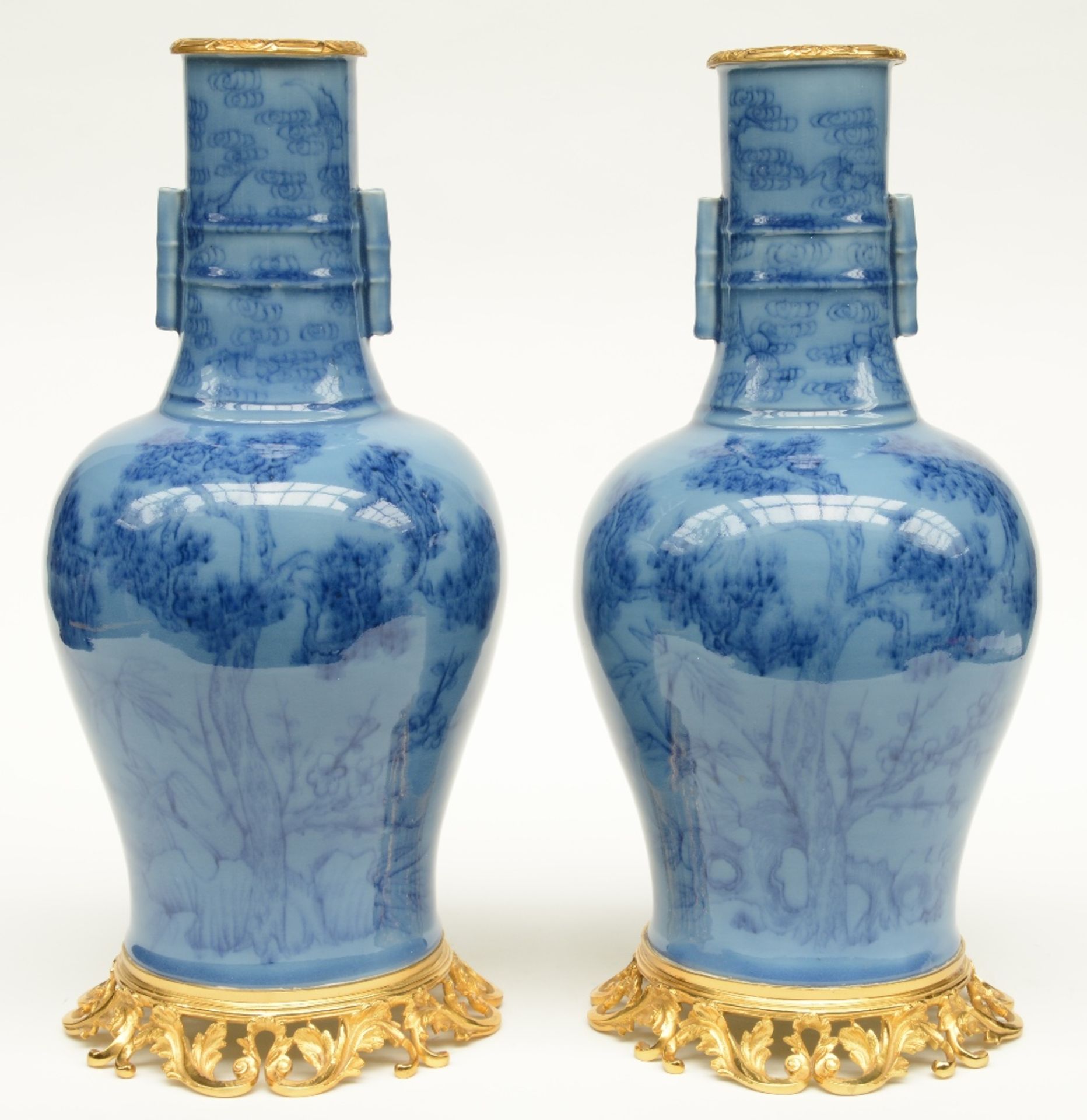 A pair of Chinese baluster shaped vases, blue monochrome ground, decorated with cranes and flower - Image 3 of 6