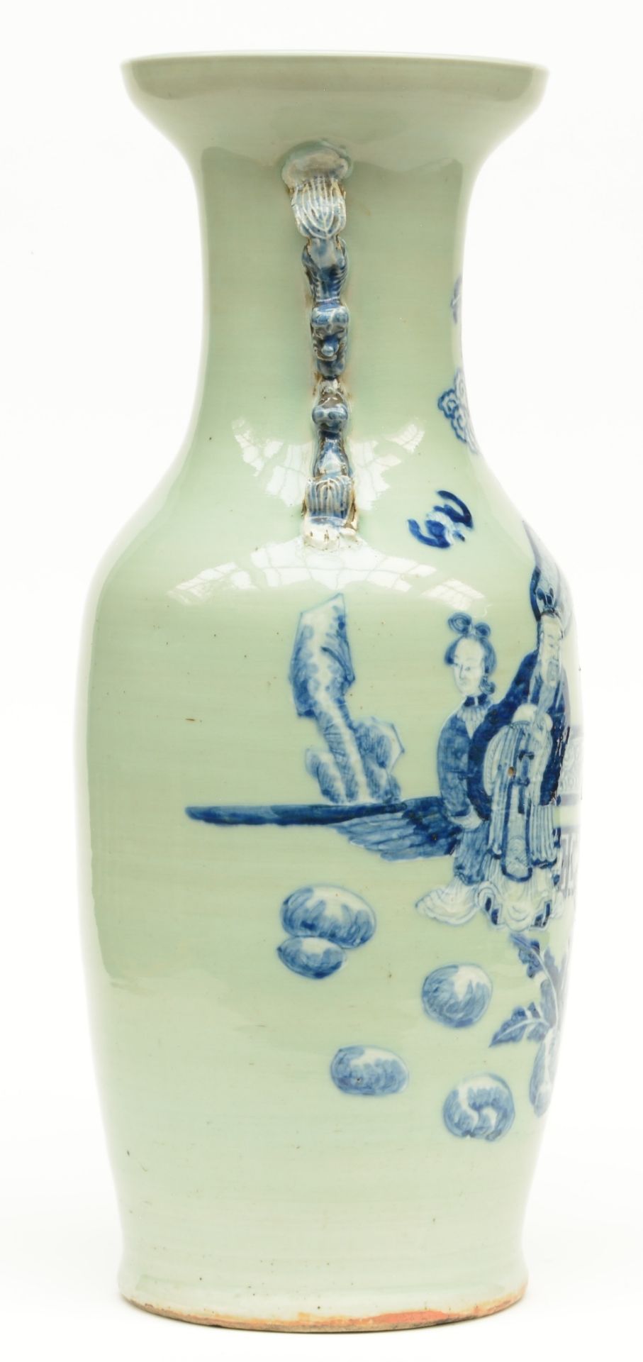 A Chinese celadon ground vase, blue and white decorated with an animated scene, 19thC, H 60 cm ( - Bild 4 aus 7