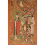 A Chinese watercolour painting on textile depicting a cortege of dignitaries, 19thC, 103 X 178,5cm