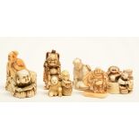 A lot of seven katabori netsuke out of bone, mammoth ivory and whale bone, some of them signed,