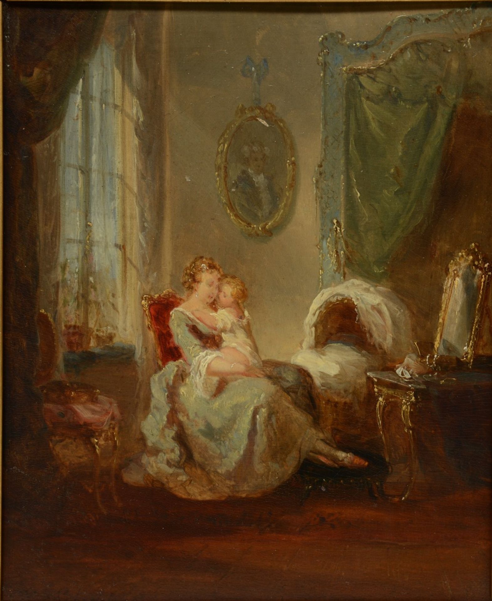 Schaeffels H., mother and child in a Rococo style interior, oil on panel, 20 x 24,5 cm