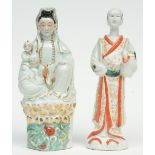 A Chinese polychrome decorated figure of a Guanyin with child sitting on a lotus, marked, 19thC, H