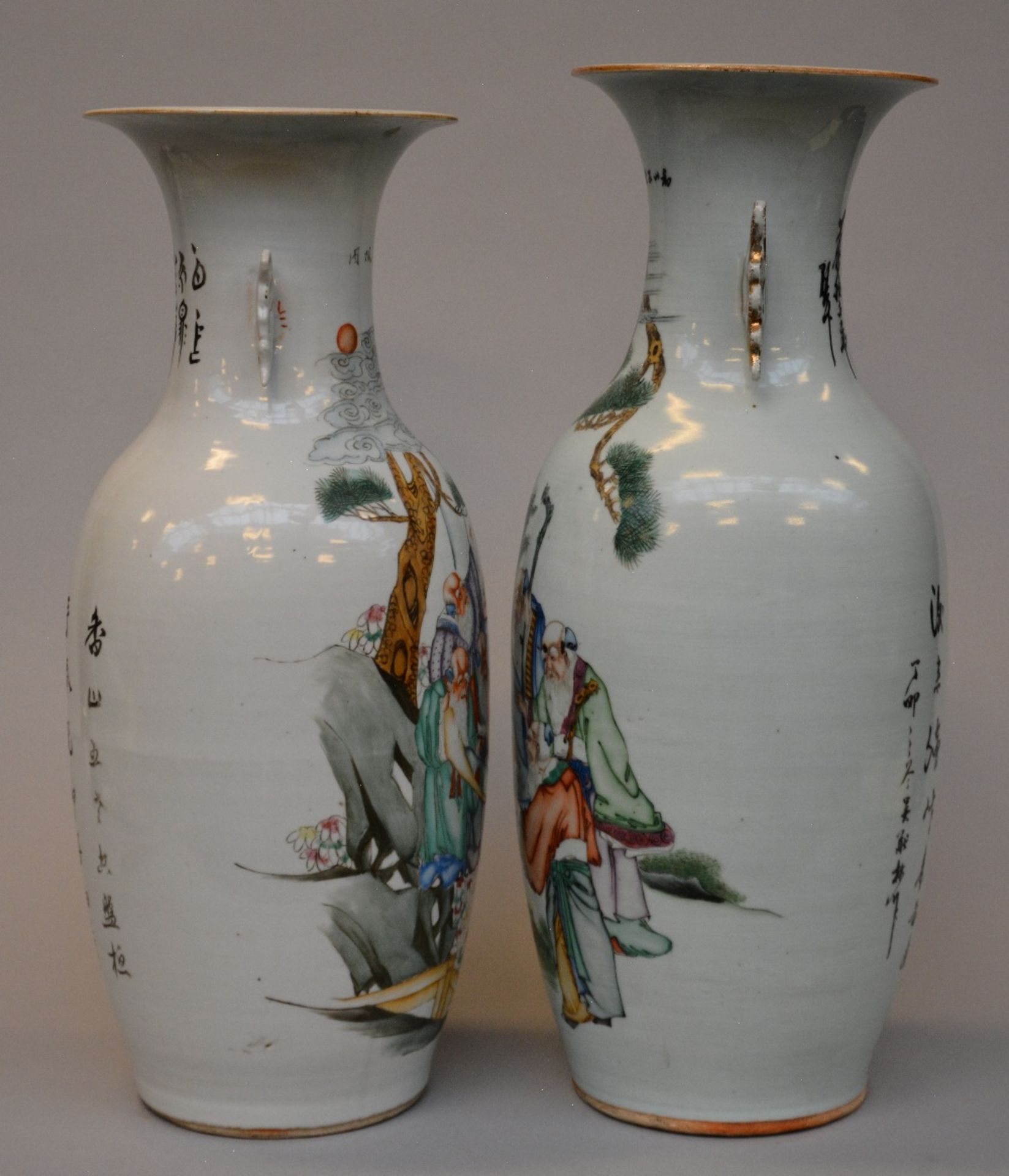 Two Chinese polychrome decorated vases depicting sages, H 55,5 - 58,5 cm (one vase with crack on the - Image 2 of 7