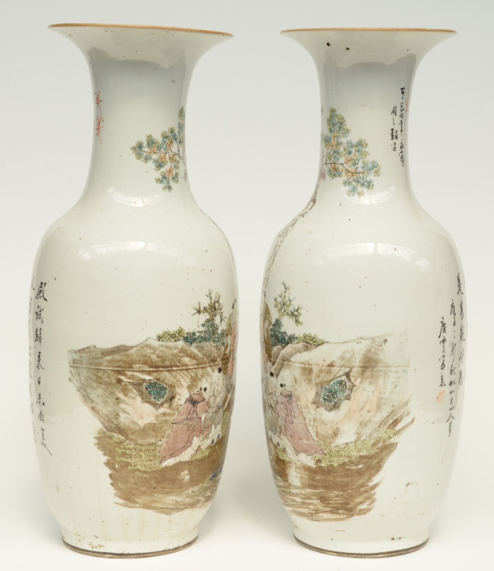 A pair of Chinese polychrome decorated vases, painted with an animated scene, signed and marked, - Image 2 of 11