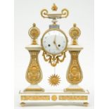 A rare Neoclassical mantel clock, white marble with delicate bronze ormolu mounts, the dial