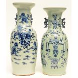 Two Chinese celadon-ground vases, blue and white decorated, one with antiquities and one with Fu