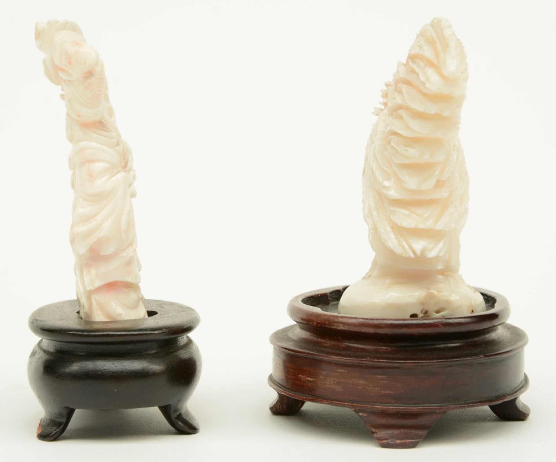 Two first half 20thC Chinese white coral sculptures depicting a cock and two beauties with a - Image 2 of 4