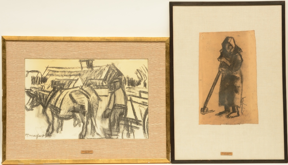 Malfait H., two charcoal drawings: one of an oxcart and one of a farmer, 25,5 x 40,5 - 34,5 x 52,5