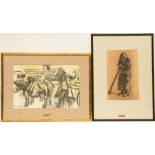 Malfait H., two charcoal drawings: one of an oxcart and one of a farmer, 25,5 x 40,5 - 34,5 x 52,5