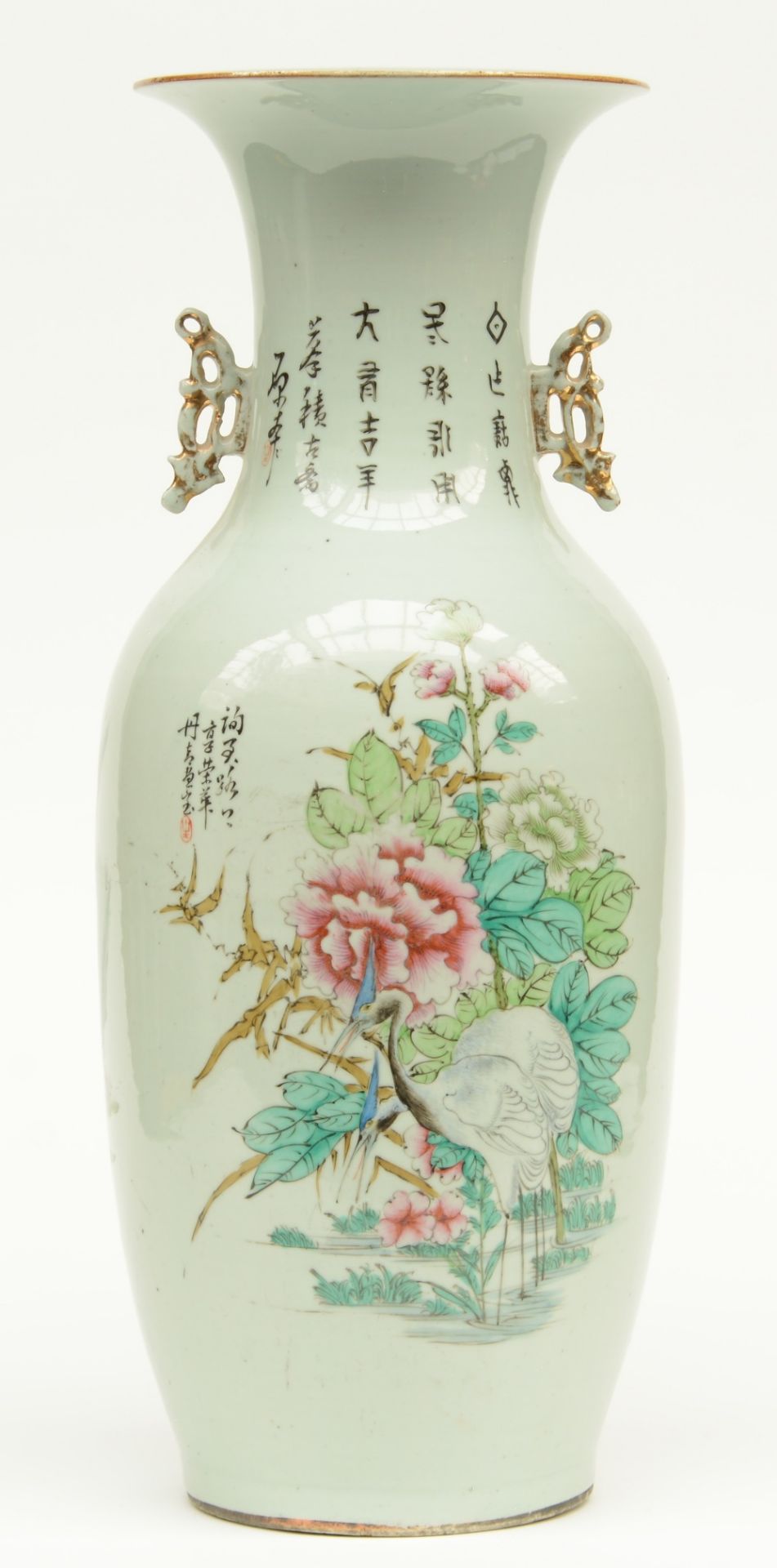 A Chinese polychrome decorated vase, painted on one side with an animated scene and on the other - Image 3 of 7