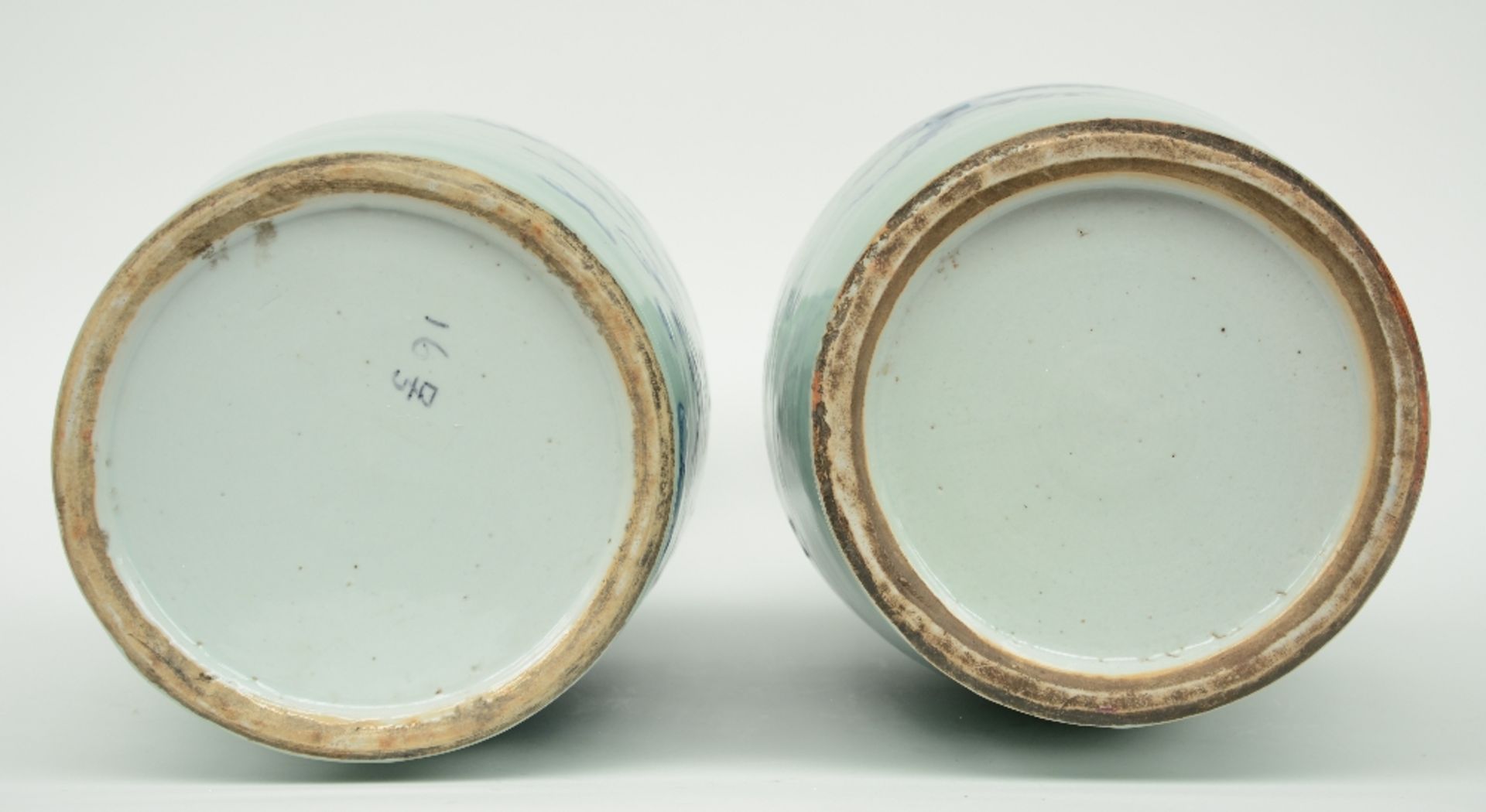 Two Chinese celadon ground blue and white vases, one decorated with children and one with Fu - Image 6 of 6