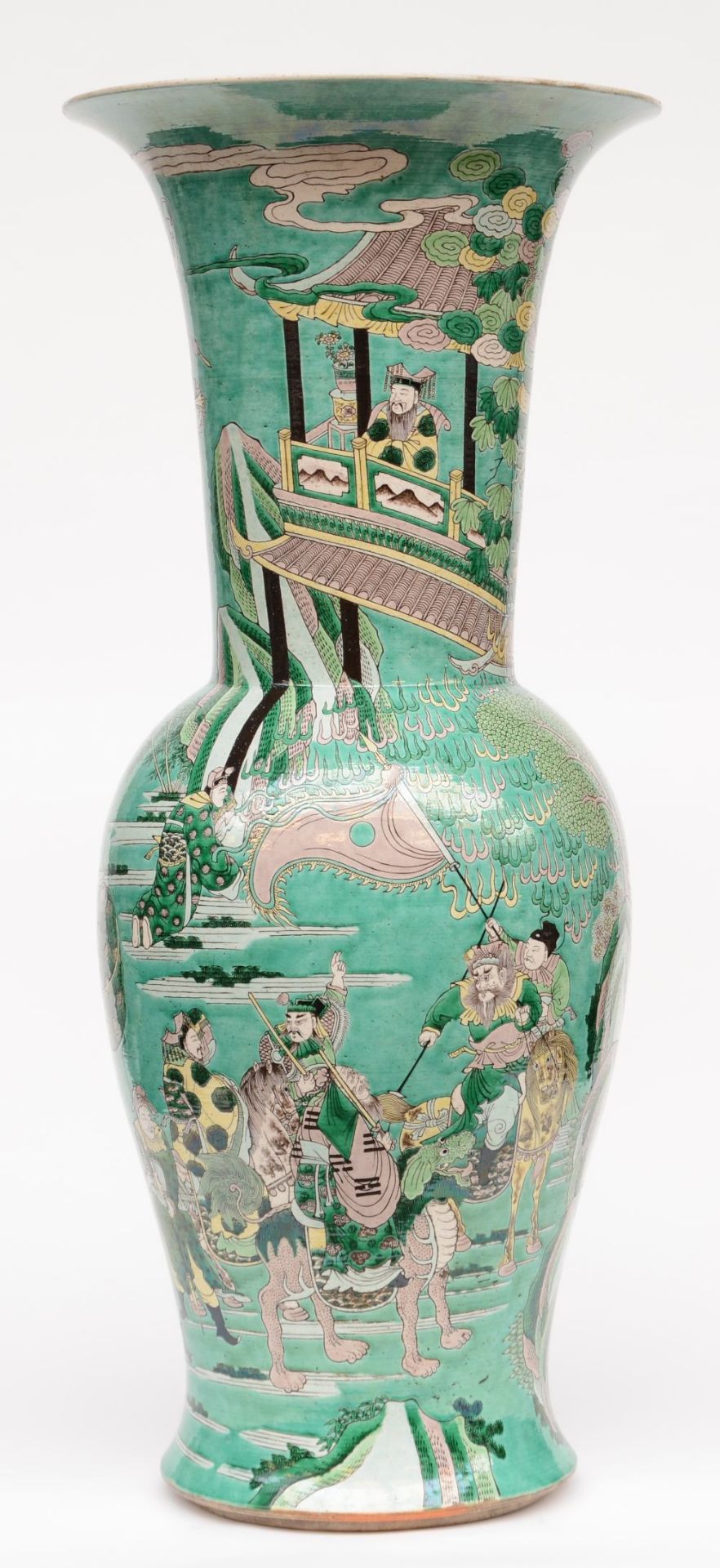 A Chinese famille verte Yen-Yen vase, overall decorated with warriors, marked Kangxi, H 83 cm (