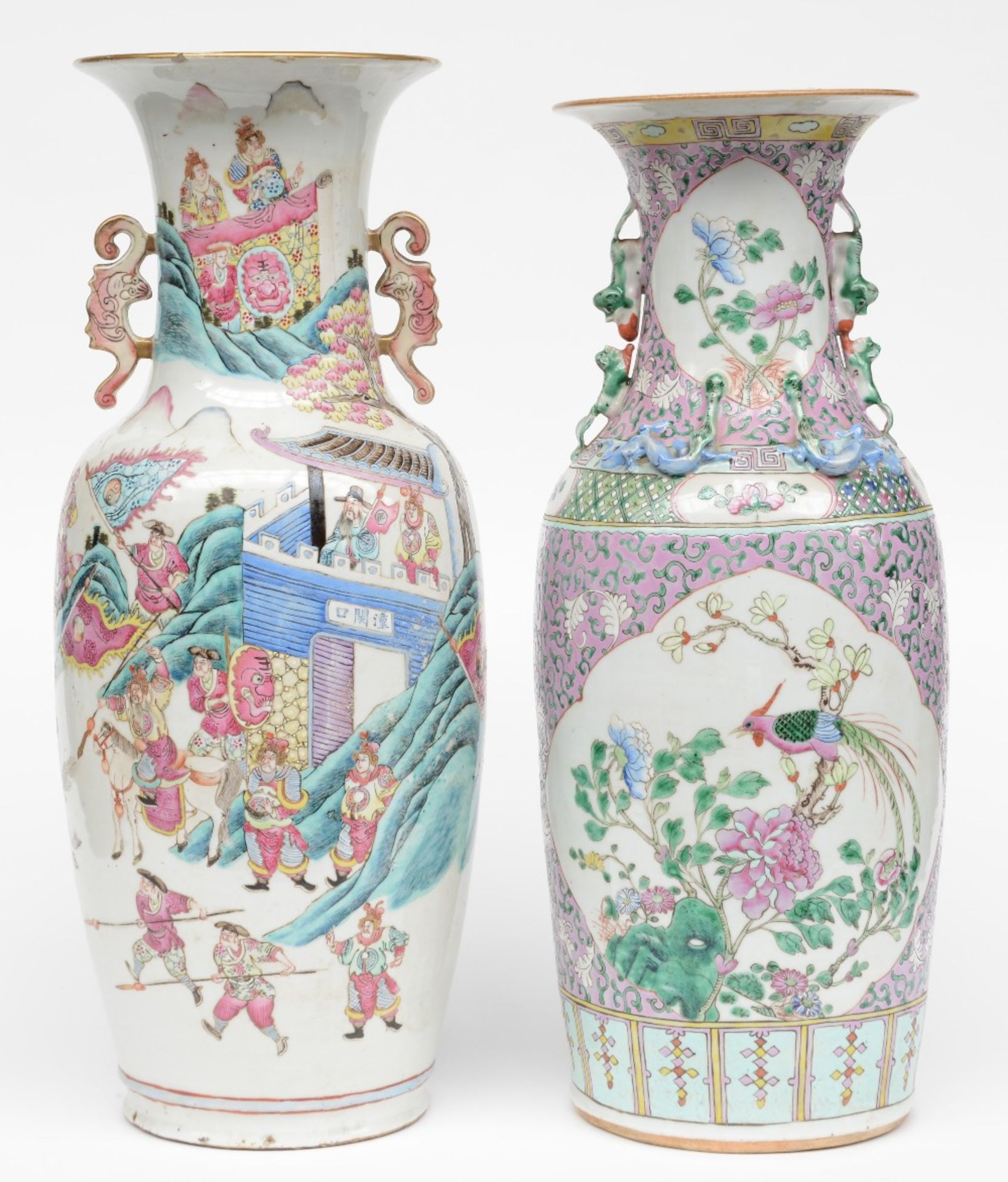 Two Chinese famille rose vases, one vase decorated with a warrior scene, one vase decorated with - Bild 3 aus 6