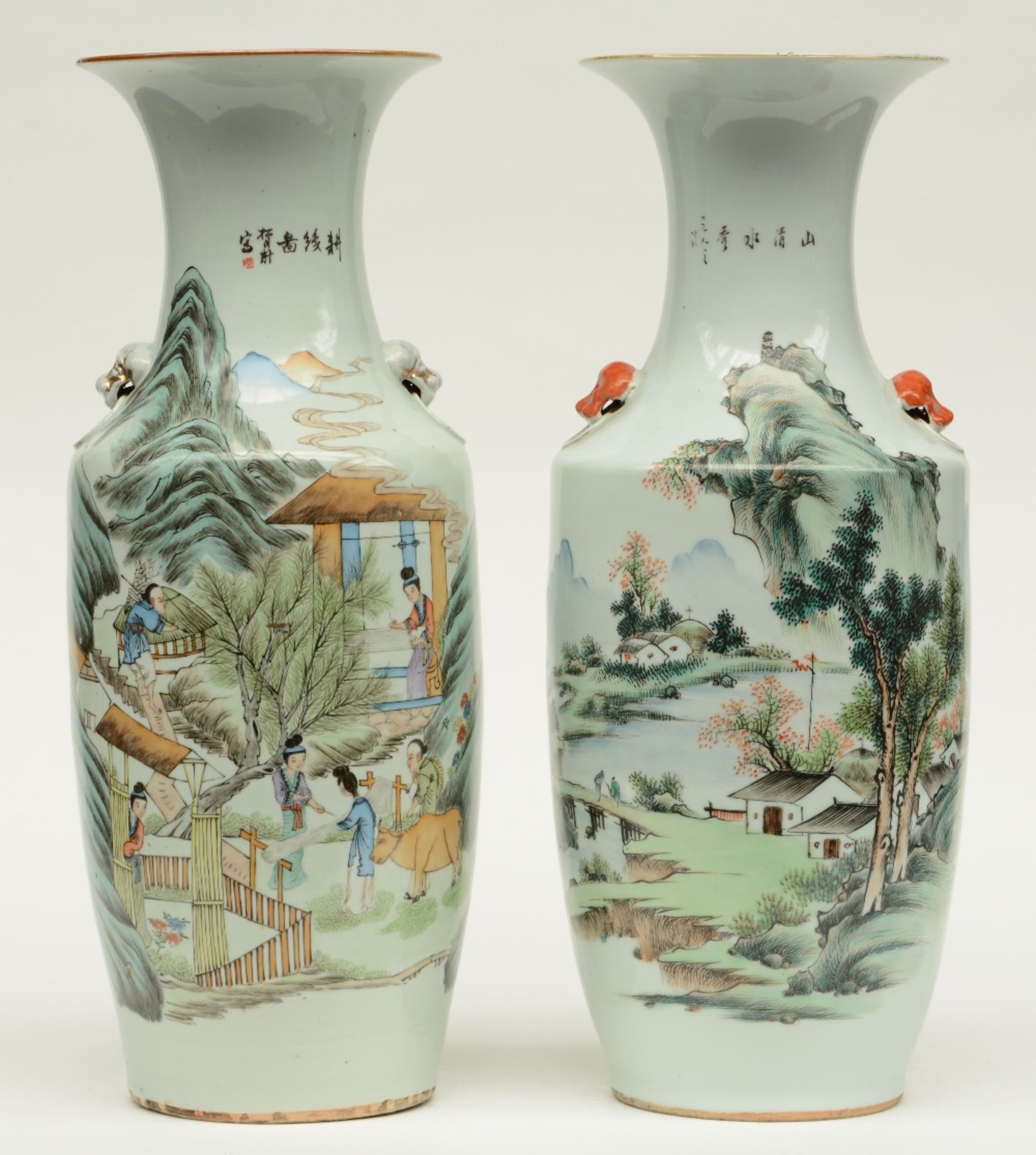 Two Chinese polychrome decorated vases, one with an animated scene and one with a landscape, H 57,