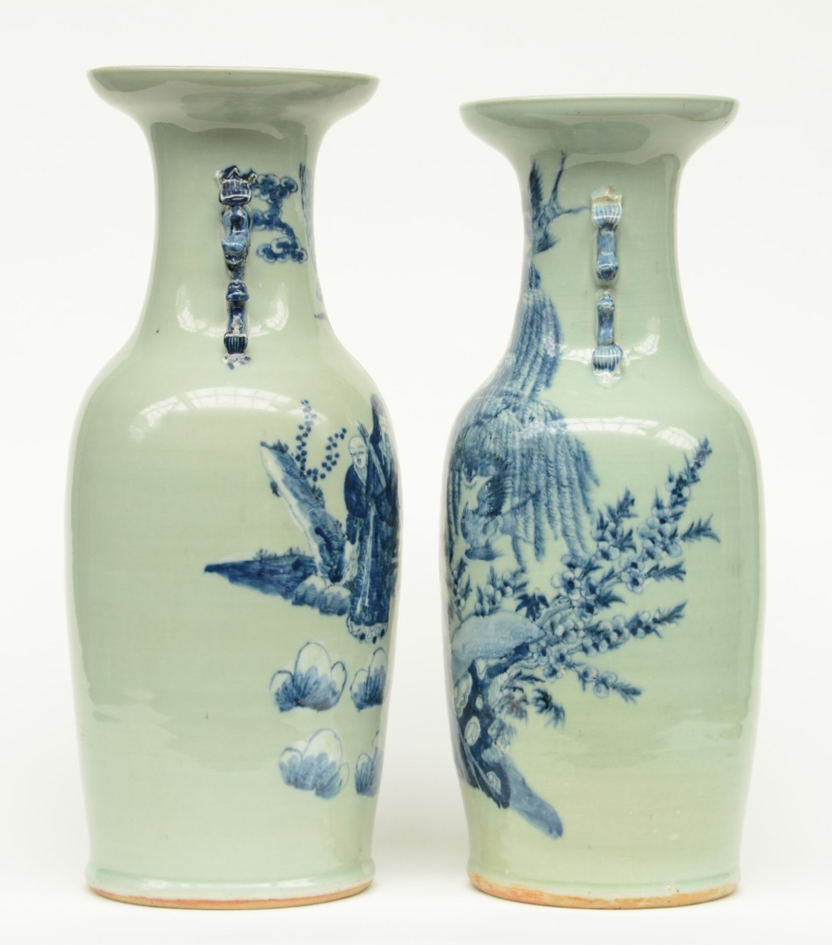 Two Chinese celadon-ground blue and white vase, one vase decorated with birds on flower branches and - Image 2 of 6