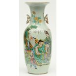 A Chinese polychrome decorated vase, painted on one side with an animated scene and on the other