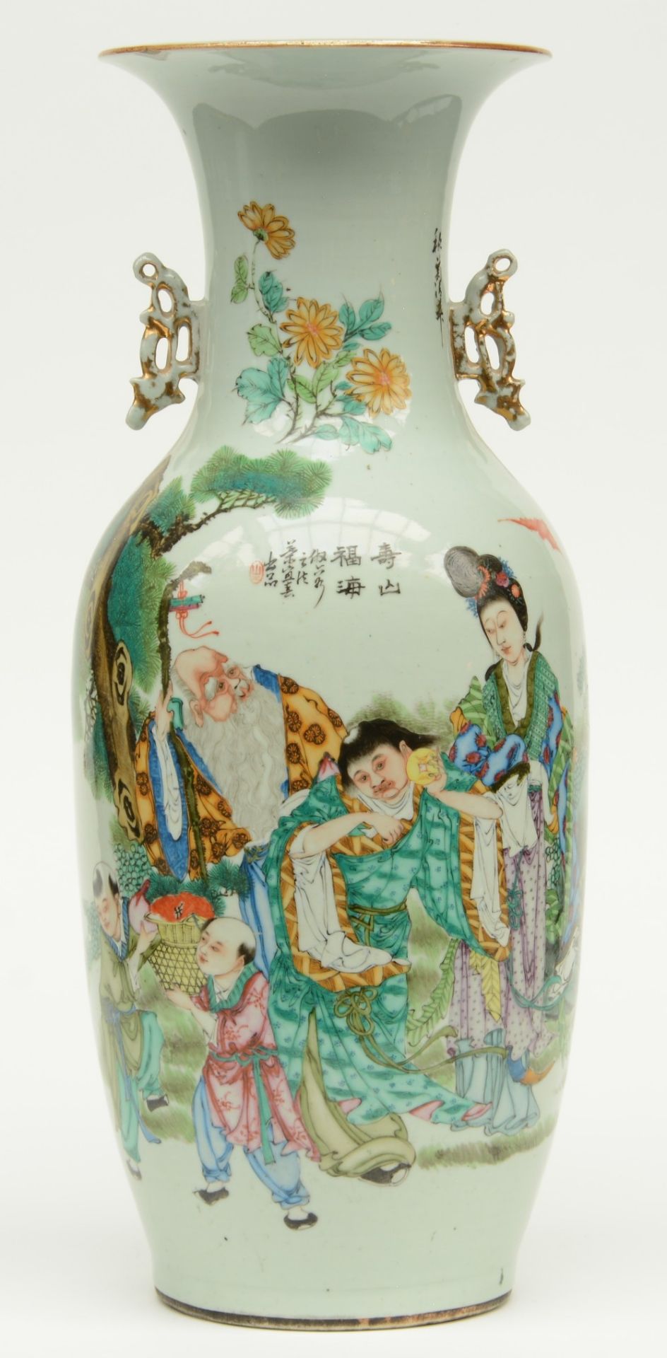 A Chinese polychrome decorated vase, painted on one side with an animated scene and on the other