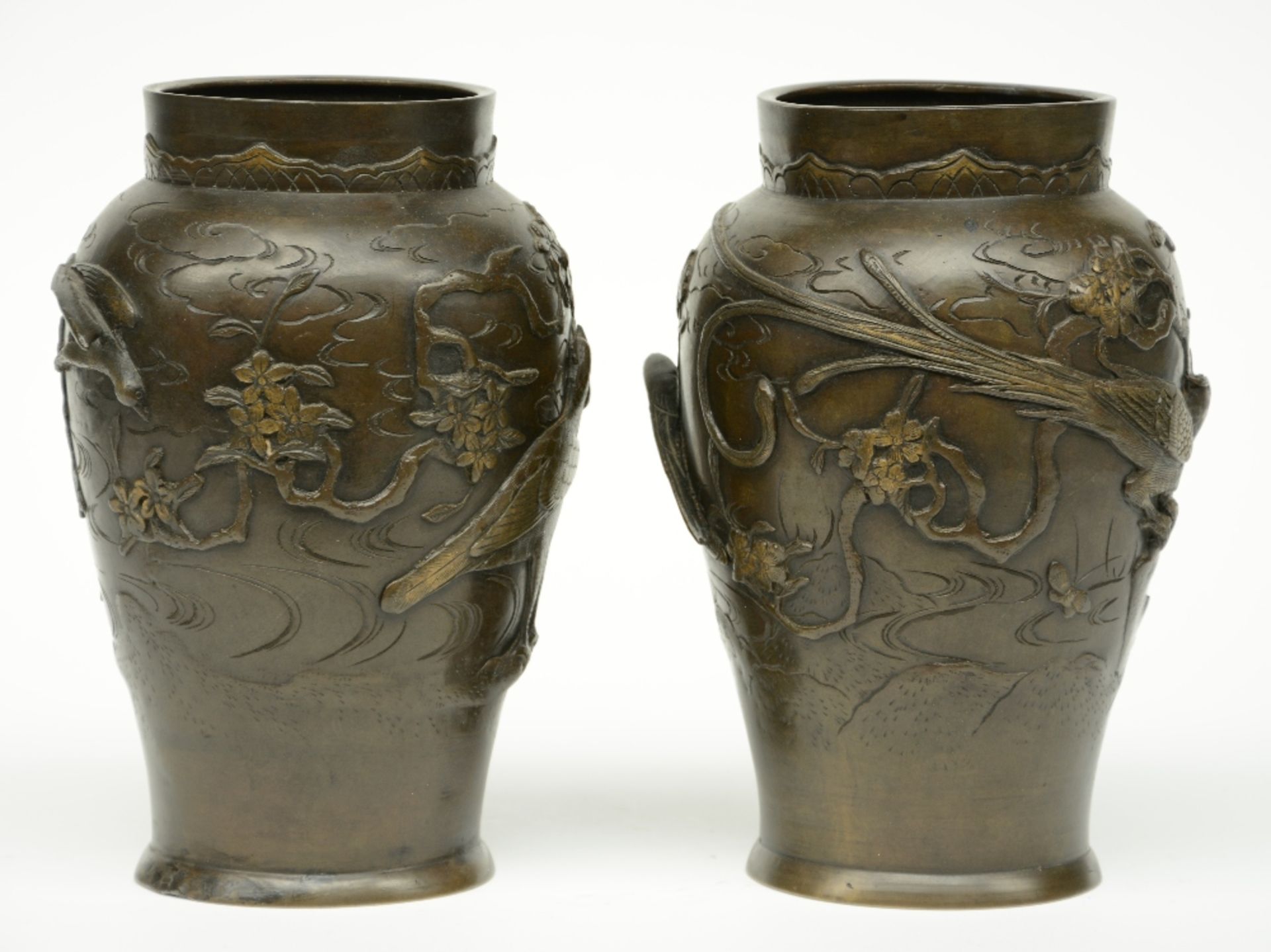Two pair of Chinese bronze vases, relief moulded with birds on flower branches, marked, H 26 - 36 - Image 11 of 15