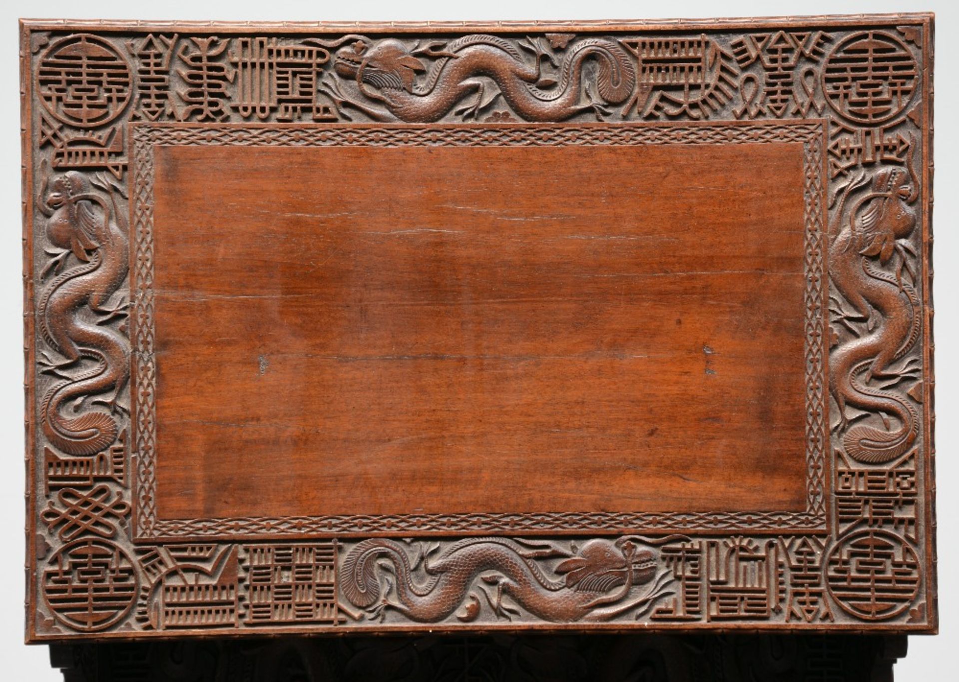 A Chinese carved hardwood travelling desk, relief decorated with dragons and symbols, H 83 - D - Bild 8 aus 8