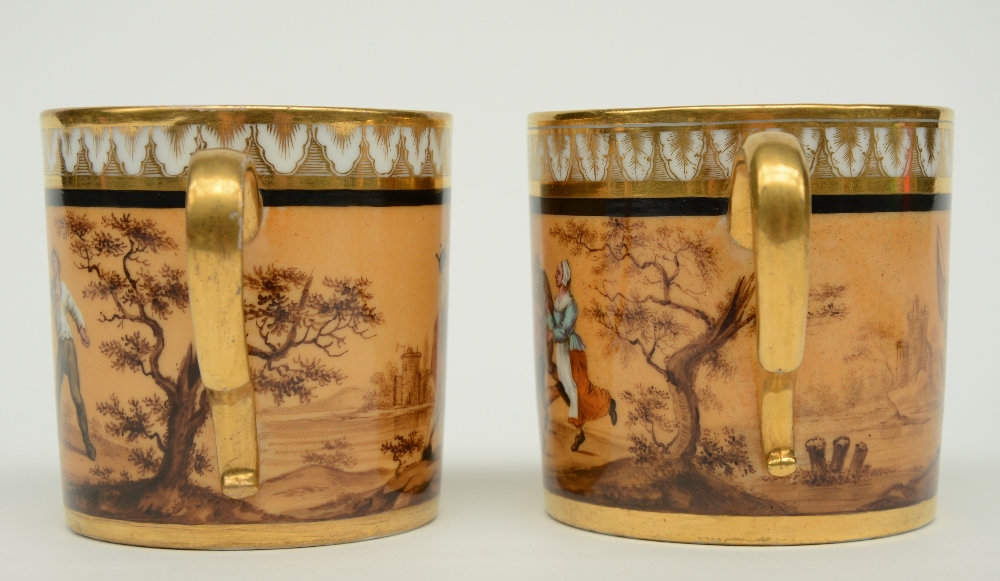 A rare pair of polychrome decorated Biedermeier period cups and saucers, about 1830, with a - Image 6 of 9