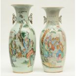Two Chinese polychrome decorated vases depicting sages, H 55,5 - 58,5 cm (one vase with crack on the