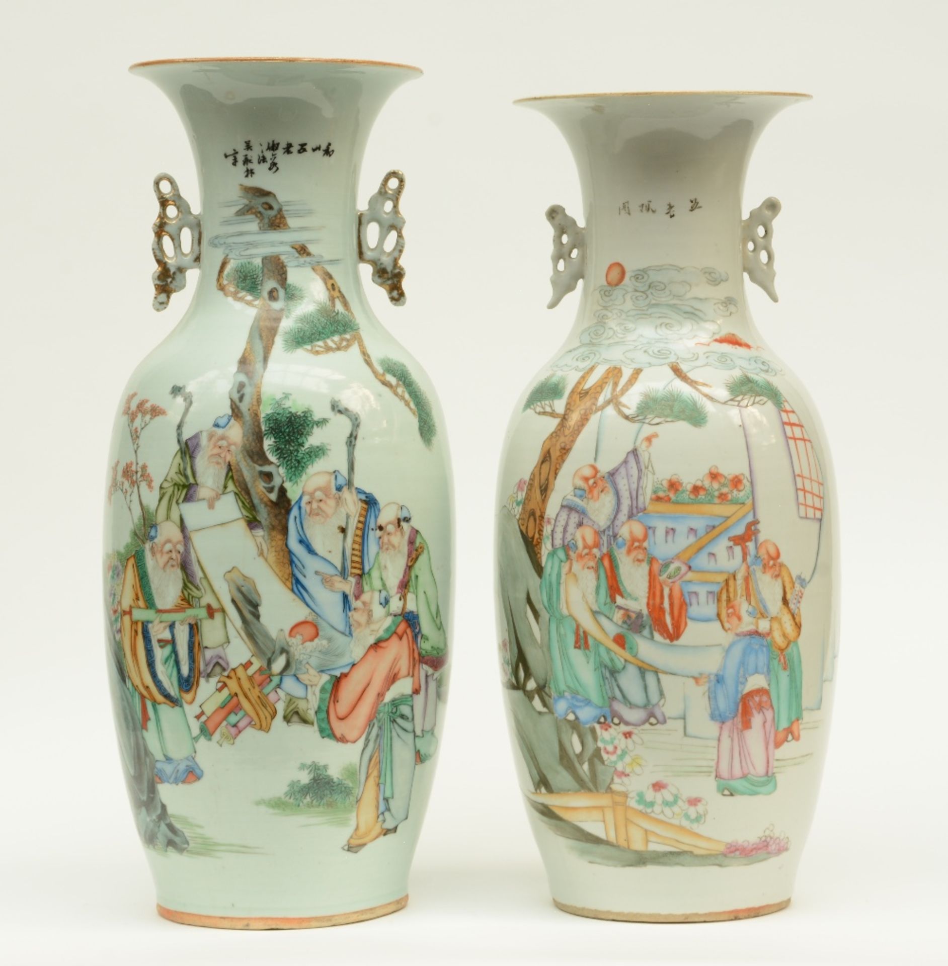 Two Chinese polychrome decorated vases depicting sages, H 55,5 - 58,5 cm (one vase with crack on the