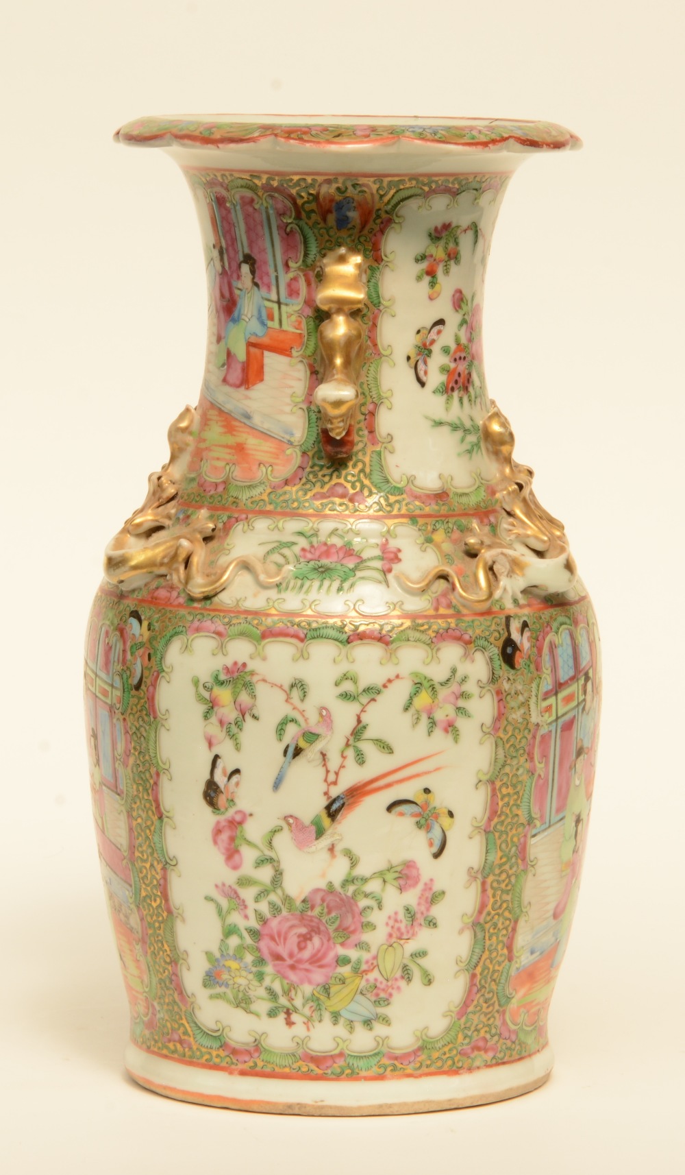 A Chinese Canton vase and plate, famille rose decorated with court scenes and birds on flower - Image 5 of 11