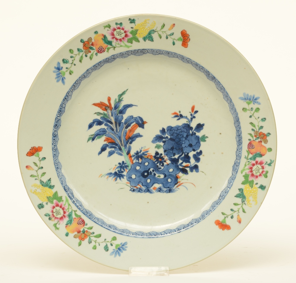 A large Chinese polychrome and floral dish, 18thC, Diameter 39 cm (minor chips on the rim)