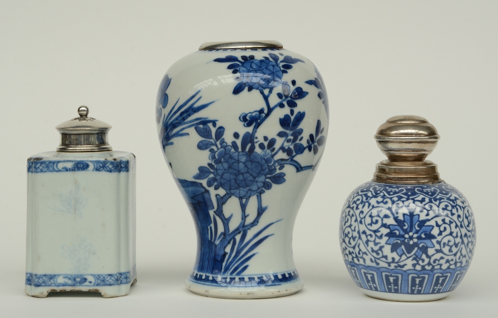 Two Chinese blue and white vases and a tea caddy, floral decorated, with silver mounts, 18th - - Image 7 of 16