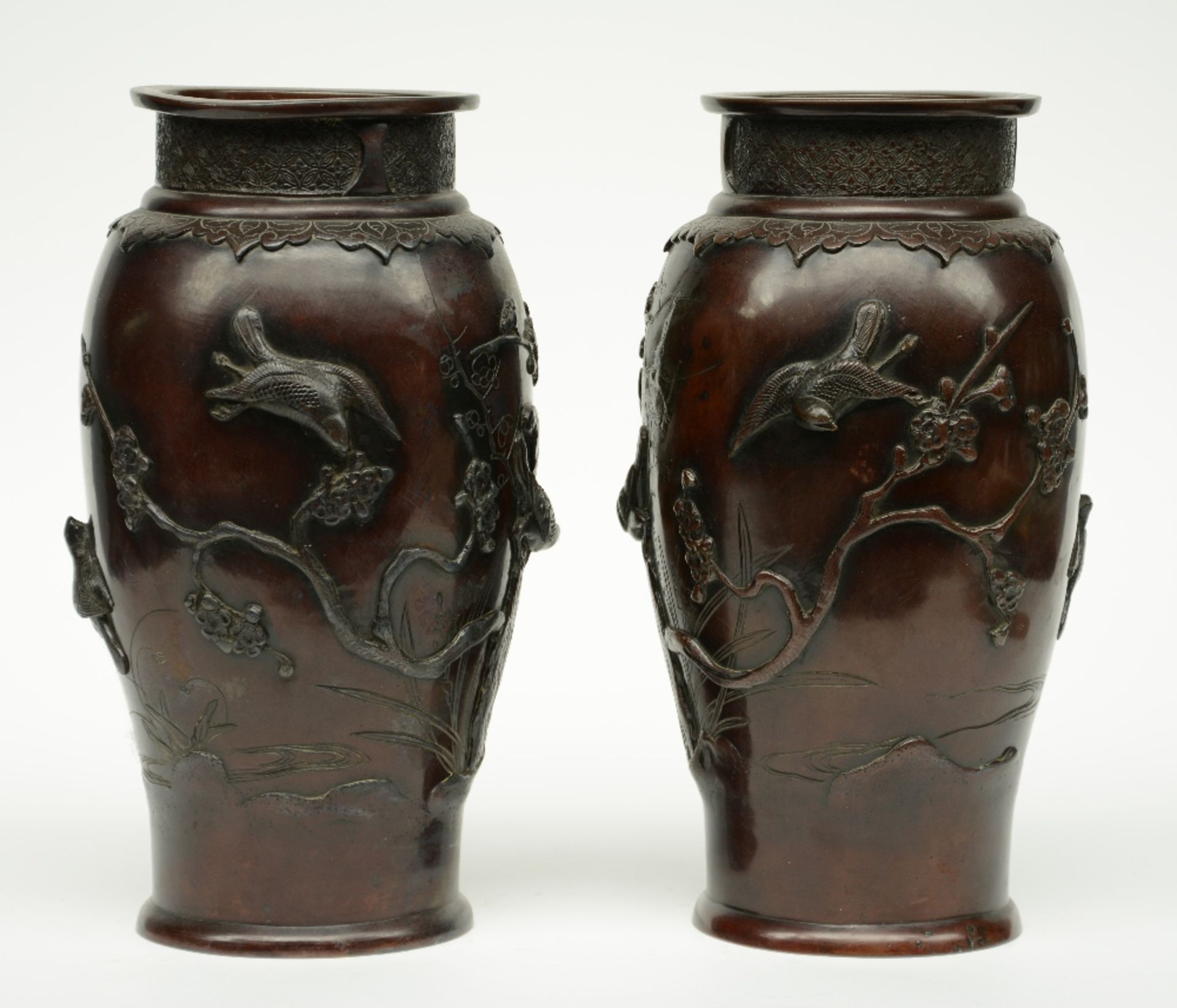 Two pair of Chinese bronze vases, relief moulded with birds on flower branches, marked, H 26 - 36 - Image 3 of 15